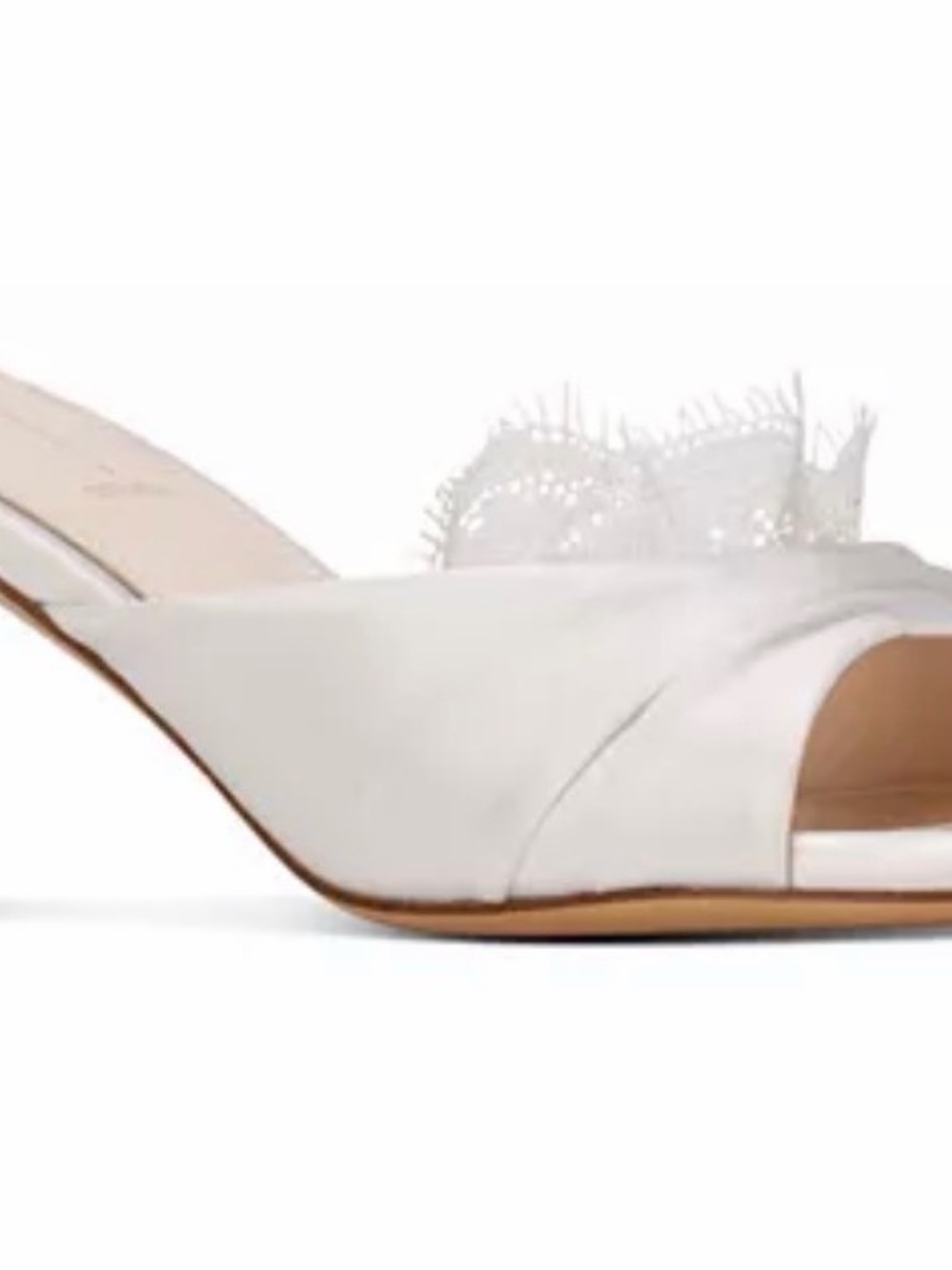Black Suede Studio Lacey White Satin Open-Toe Mule Heel with Lace Accent